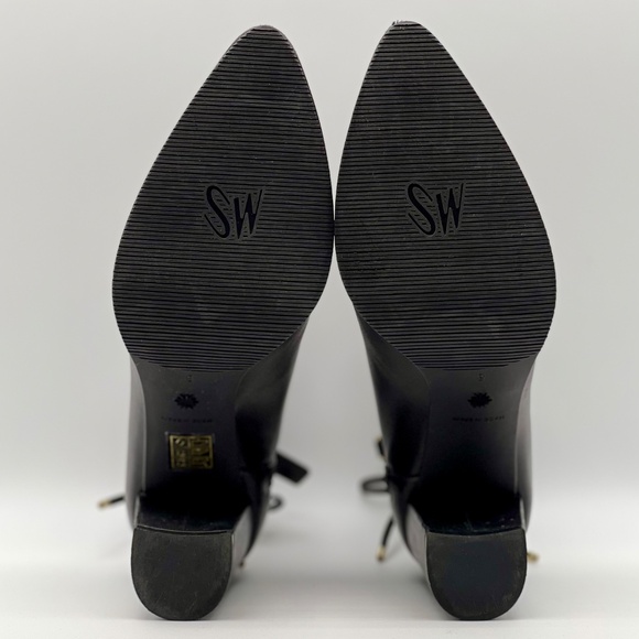 Stuart Weitzman Gardiner Bow Accent Block Heel Bootie Black Leather Women's 6 - Picture 11 of 13